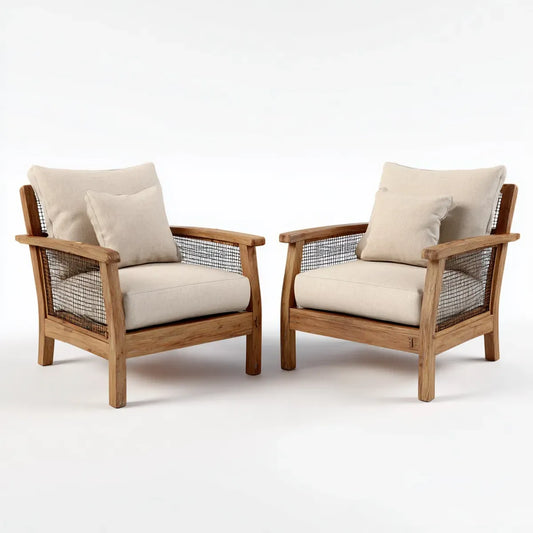 2er Set Sessel Beige 72 x 78 x 82 cm aus Akazienholz mit Polyesterbezug rechteckig