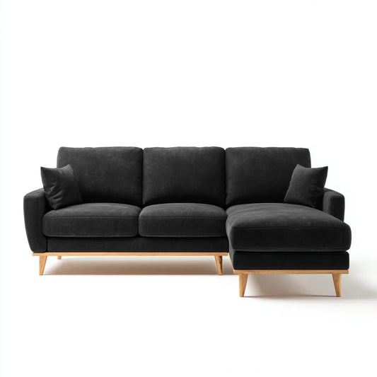 Ecksofa mit Recamiere rechts Schwarz 250 x 160 x 85 cm Polyester Samt Holzbeine L-Form