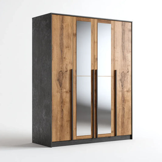 Drehtürenschrank Schwarz Eiche 200 x 60 x 220 cm Spanplatte Rechteckig mit 4 Türen und Spiegeln