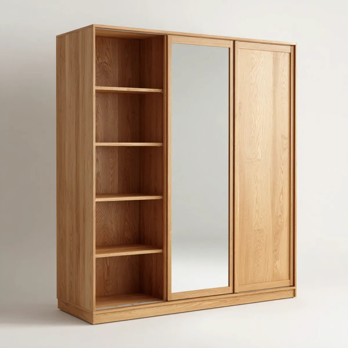 Schwebetürenschrank mit Regal und Spiegel Eiche natur 180 x 60 x 220 cm rechteckig Eichenfurnier